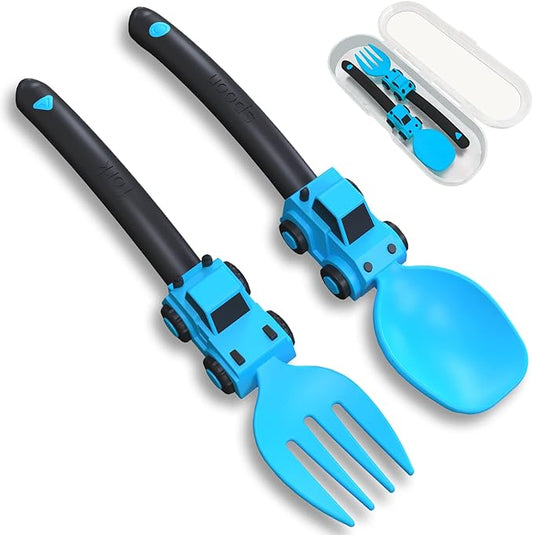 Construction Toddler Utensils - Toddler Forks and Spoons - Kids Spoon and Fork Set - Suitable for Kids Utensils - Baby Utensils, Portable Utensils Set for 1 2 3 4 5 year old Toddlers, Blue