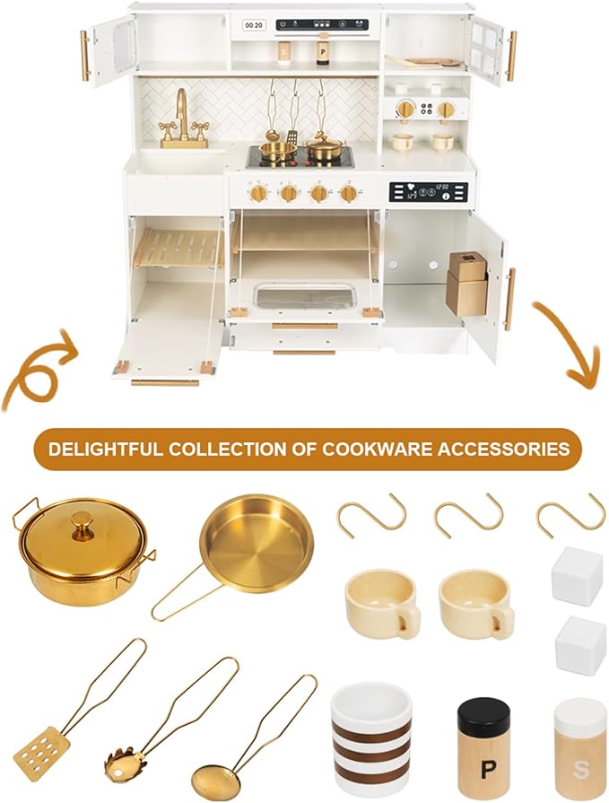 Interactive Wooden Play Kitchen Set for Kids: Realistic Features with Extended Storage and 15 Kitchen Accessories, Ideal Pretend Playset Gift for Toddlers and Children Ages 3+