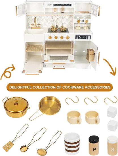 Interactive Wooden Play Kitchen Set for Kids: Realistic Features with Extended Storage and 15 Kitchen Accessories, Ideal Pretend Playset Gift for Toddlers and Children Ages 3+