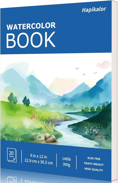 Hapikalor Watercolor Paper Pad, 9"x12" 140lb/300gsm Artist Drawing Sketch Book, Paper Pad, Art Journal, Arts and Crafts Supplies for Adults Kids, Paint Set, Colors, Canvas Painting, Watercolors, Blue