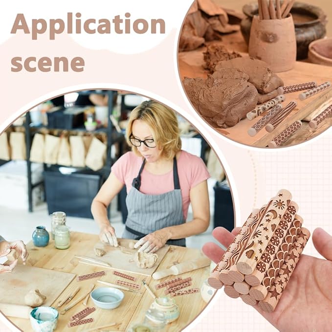 UNICRAFTALE 10Pcs Wooden Clay Texture Rollers Set for Pottery 10 Styles Ceramics Potters Stamp Roller Tools 102mm Textured Rolling Pins Modeling Pattern Rollers Kit for DIY Handmade Art Supplies