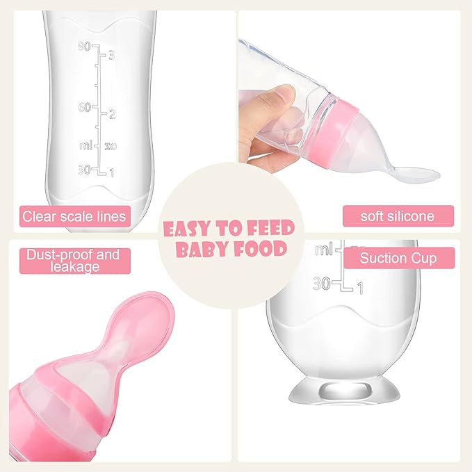 Nuanchu 2 Pieces Baby Spoon Feeder Squeeze Food Toddler Food Dispensing Spoon Suction Cup Design Feeder for Baby Toddlers Boys Girl(Pink)