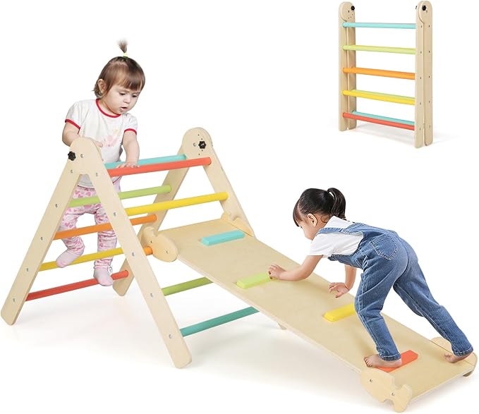 HONEY JOY Climbing Toys for Toddlers, 4 in 1 Foldable Wooden Montessori Kids Triangle Climber, Double Side Ramp & Climber, Baby Learning Indoor Climbing Ladder Gym for Boys Girls (Colorful)