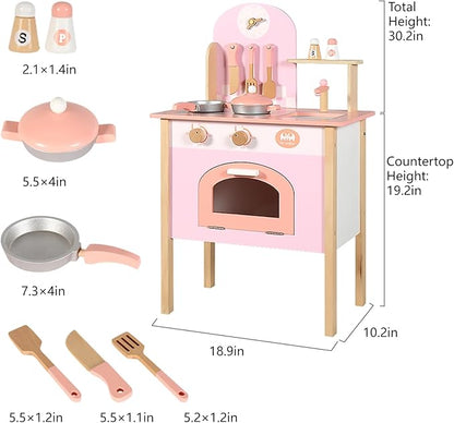 Wooden Pink Kitchen Playset,Kids Play Kitchen Utensils, Accessories for Pretend Play Kitchen Set, Montessori Learning Toy, Pretend Cooking Playset, for 3+ Girls