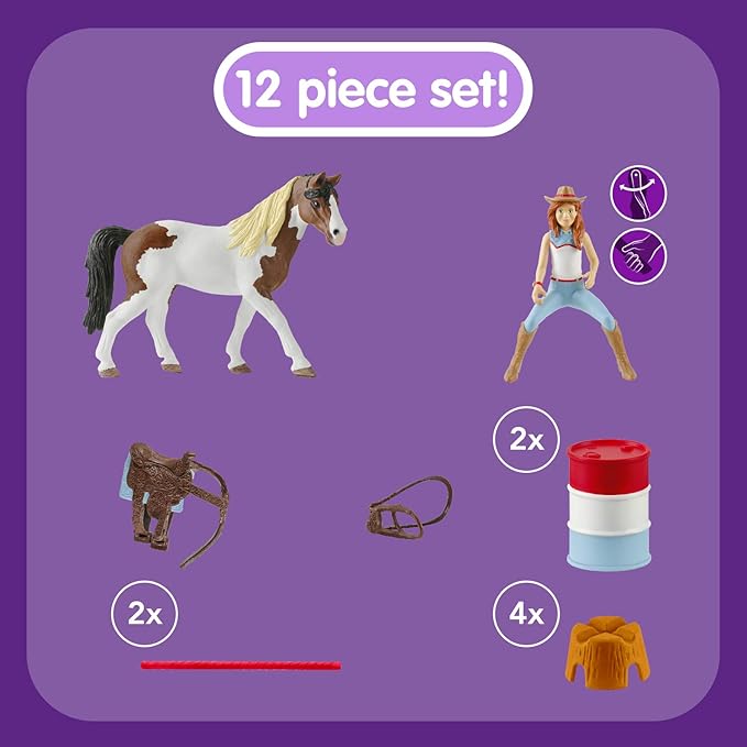 Schleich Horse Club 12-Piece Hannah's Riding Horse Set - Rodeo Riding with Cowgirl and Horse, Realistic Western Rodeo Farm Animal Toys and Accessories, Gift for Toddlers, Boys, and Girls Ages 5+