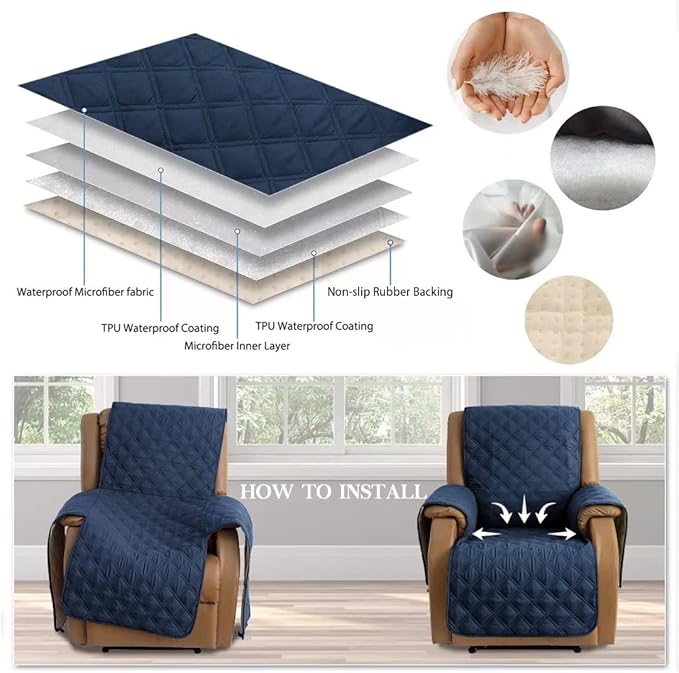 TOMORO Non-Slip Oversized Recliner Cover, 100% Waterproof Quilted Recliner Chair Slipcover Furniture Protector with Pockets, Washable Couch Cover with Elastic Straps for Kids and Pets