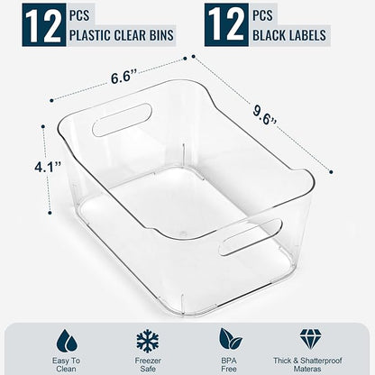 12 PACK Multi-Use Clear Plastic Storage Bins for Organizing w/ Labels - Home, Kitchen, Bathroom, Office, Pantry Cabinet Shelf Organizer Bins - SOHO Collection, RV, Fridge Organization Containers