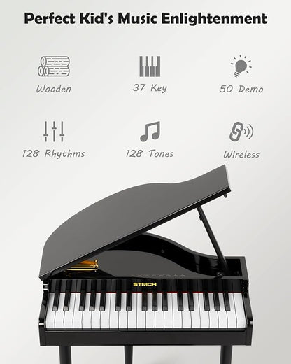 STRICH 37 Keys Kids Piano Keyboard Set, Mini Grand Digital Piano for Kids with Stand Chair, Wood Piano for 3+ Girls and Boys, Classic Black, SEK-60