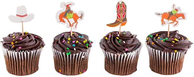 Restaurantware-Wild West Cupcake Toppers, 24 Assorted Western Cupcake Toppers - Includes Cowboys On Horses, A Cowboy Hat, And Cowboy Boot, For Dessert Or Pastry Display, Paper Birthday Decorations