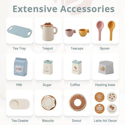 Tea Party Set for Kids, Wooden Tea Set for Little Girls and Boys, Kids Play Kitchen Accessories Toy Tea Set for Toddler, Pretend Play Toddler Tea Set Ideal Gift (Light Blue Coffee Tea Set)