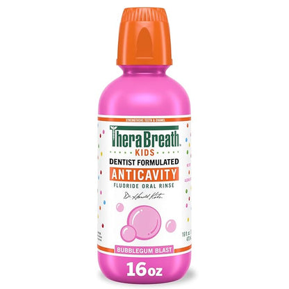 TheraBreath Kids Anticavity Fluoride Oral Rinse, Strengthens Teeth & Enamel, Alcohol Free & Dye Free, Certified Organic Bubblegum Blast Flavor, 16 Fl oz