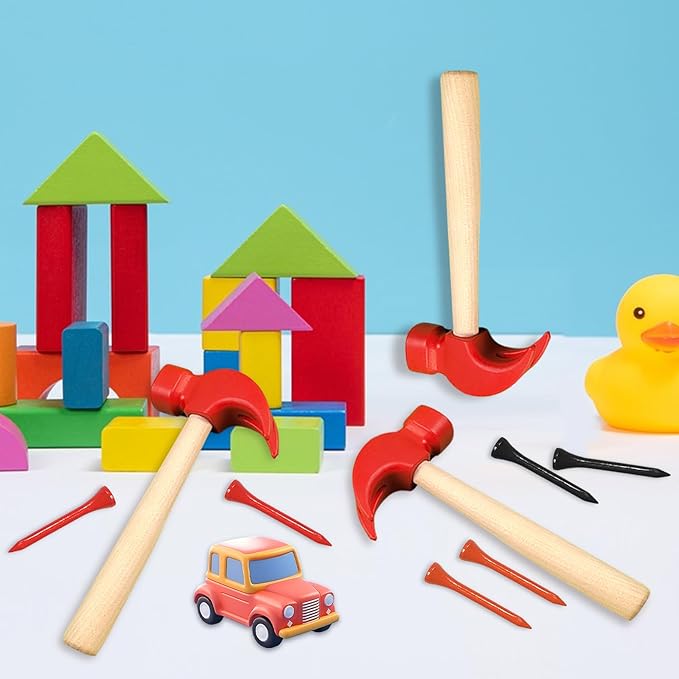10 Pcs Kids Wooden Hammer Toy with 100 Pcs Colorful Wood Golf Tees, Small Plastic Hammer Simulation Hammers Educational Toys for Children Gift Birthday Party (Red)