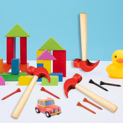 10 Pcs Kids Wooden Hammer Toy with 100 Pcs Colorful Wood Golf Tees, Small Plastic Hammer Simulation Hammers Educational Toys for Children Gift Birthday Party (Red)
