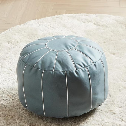 Louis Donné 21 Inch Unstuffed Moroccan Pouf Ottoman Cover, Handmade Faux Leather Foot Stool, Round Storage Poof Cover, Exotic Décor for Living Room Bedroom or Wedding Gifts (Blue)