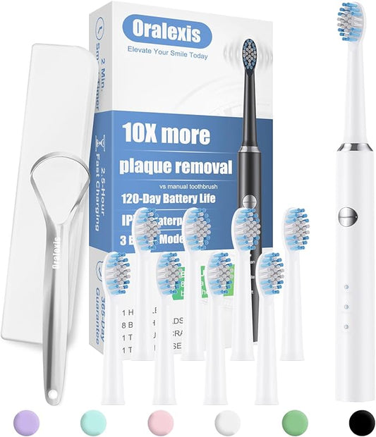 Electric Toothbrush for Adults and Kids, with Tongue Scraper and 8 Brush Heads, One Fast Charge Last 120 Days, 40000 VPM Deep Clean, Sonic Travel Toothbrush - White
