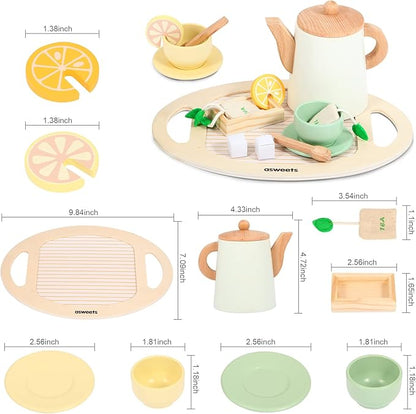 Asweets Wooden Tea Set for Little Girls,Tea Party Set Play Kitchen Accessories for Kid Playset Pretend Toddler Tea Set Toy