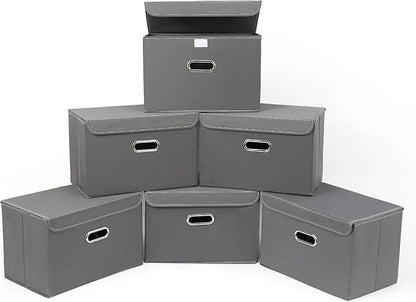 STOREONE Fabric Storage Cube Bins Foldable Organizer Container Collapsible Basket with Lids and Metal Handles, for Home, Bedroom, Closet 6 Pcs (Grey)