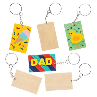 Baker Ross AW598 Wooden Rectangle Keyring Kit - Pack of 4, for Kids to Assemble and Attach to Key Rings and Bags