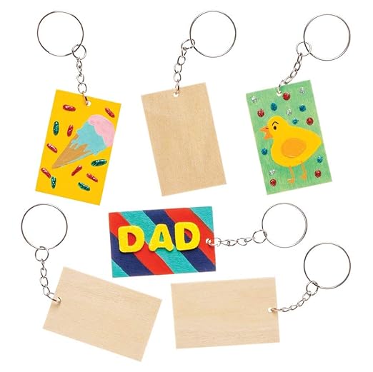 Baker Ross AW598 Wooden Rectangle Keyring Kit - Pack of 4, for Kids to Assemble and Attach to Key Rings and Bags