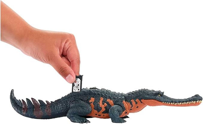 Mattel Jurassic World Wild Roar Dinosaur Toy with Sound & Attack Move, Gryposuchus Posable Action Figure Includes Digital Play, 11 inches Long