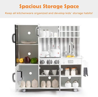 Fireflowery Kids Kitchen Playset, Toddler Kitchen w/Simulated Sound, Accessory Utensils, Blackboard, Sink, Stovetop, Cabinets, Pretend Play Kitchen, Gift for Ages 3+ (Modern)