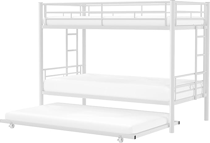 VECELO Twin Over Twin Bunk Bed with Trundle, Convertible Metal Bunkbeds with 2 Ladders and Guardrails, Space Saving, No Box Spring, White