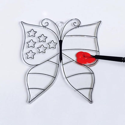 24 Sets Patriotic Suncatcher Ornaments Decoration DIY Window Paint Art Stickers Craft Kit American Heart Star Butterfly Suncatchers for Kids Classroom Patriotic 4th of July Activity Party Art Project
