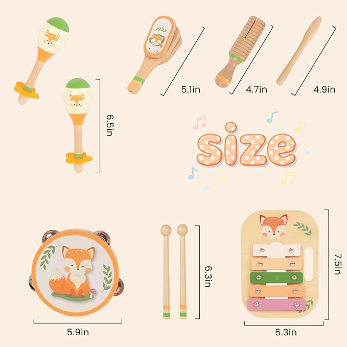 Wooden Musical Instruments Set for Toddlers, Natural Wood Percussion Instruments Xylophone Gift Set for Girls Boys Kids ,Preschool Educational Musical Toys with Storage Bag (Orange Set)