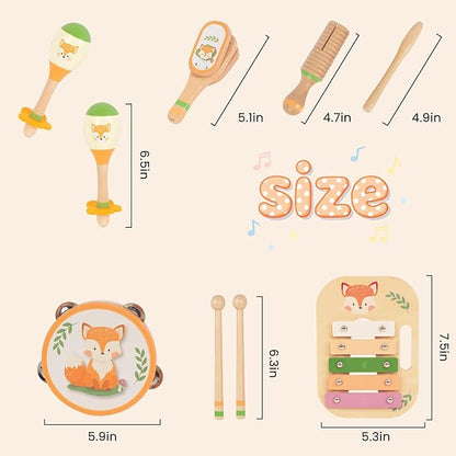Wooden Musical Instruments Set for Toddlers, Natural Wood Percussion Instruments Xylophone Gift Set for Girls Boys Kids ,Preschool Educational Musical Toys with Storage Bag (Orange Set)
