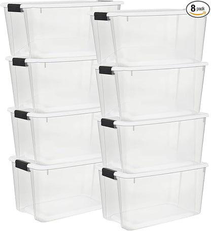 Sterilite 8-Pack 70 Quart Ultra Latch Box, Clear Storage Organizer Bins with Latching Lids - Stackable Plastic Containers for Home Organization in Garage, Attic, Basement, and Closet
