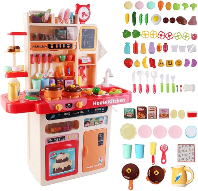 deAO My Happy Little Chef Kitchen 80 Pieces Pretend Play Set with Multi-Functional Button Panel, Light, Sound, Real Steam Functions and Colour Changing Accessories Included(Pink)