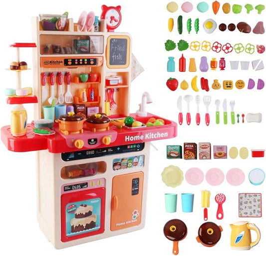 deAO My Happy Little Chef Kitchen 80 Pieces Pretend Play Set with Multi-Functional Button Panel, Light, Sound, Real Steam Functions and Colour Changing Accessories Included(Pink)