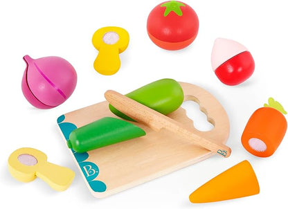 B. toys- Chop 'n' Play - Vegetables- Pretend Play Food Set – 6 Wooden Toy Vegetables to Cut – Hook-and-Loop Play Food for Toddlers, Kids – Safe Knife & Cutting Board – 2 Years +