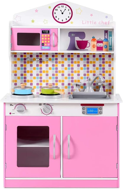 OLAKIDS Kids Kitchen Playset, Wooden Play Kitchen for Toddlers with Real Sounds, Stove Microwave Oven Sink Faucet, Large Storage Cabinet, Pretend Play Toys Cooking Gift for Boys Girls (Pink)