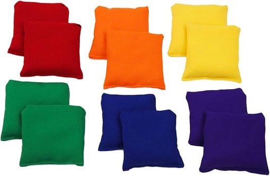 Square 4" Bean Bags, Two Each, red, Orange, Yellow, Green, Blue, and Purple with Drawstring Storage Bag, Direct from USA Manufacturer