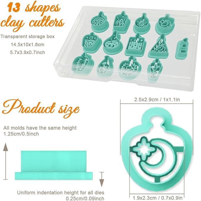 ORIGACH 13 Pcs Magic Potion Bottle Clay Cutters, Bottle Shape Plant Crystal Moon Themed Polymer Clay Cutters for Earring Jewelry Making