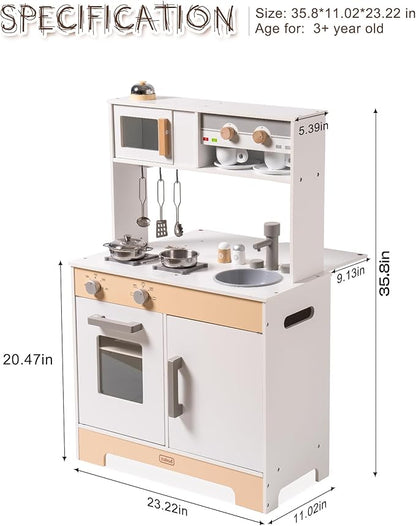 ROBUD Montessori Wooden Play Kitchen, Kids Kitchen Playset with Customisable Themes, Pretend Toddlers Kitchen Toy with DIY Creative Chalkboard, Gift for Ages 3 4 5 6 7 8