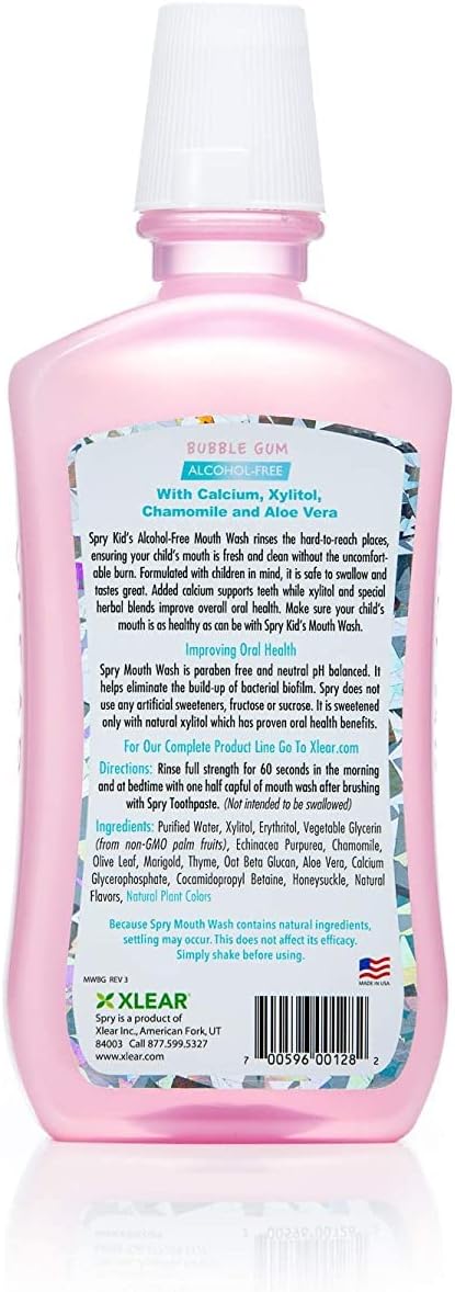 Spry Xylitol Mouthwash Fluoride Free with Enamel Support, Gentle, Natural Bubble Gum - 16 fl oz (Pack of 2)