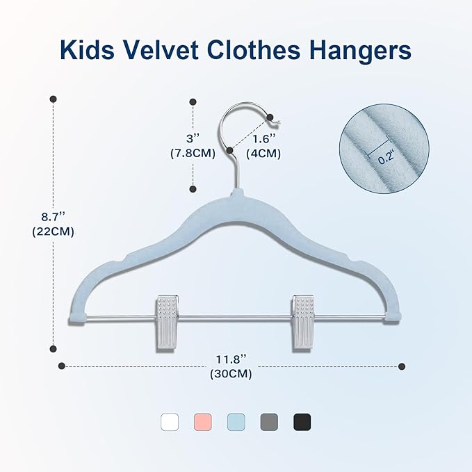 Baby Clothes Hangers with Clips, 24 Packs Kids Velvet Clothes Hangers, Heavy-Duty Childrens Hangers, Storage Organizer Clothing Hangers for Shirts, Pants, Skirts, Dresses, Jackets, Coat Blue