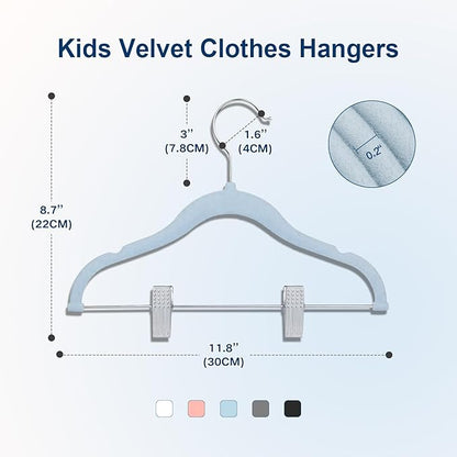 Baby Clothes Hangers with Clips, 24 Packs Kids Velvet Clothes Hangers, Heavy-Duty Childrens Hangers, Storage Organizer Clothing Hangers for Shirts, Pants, Skirts, Dresses, Jackets, Coat Blue