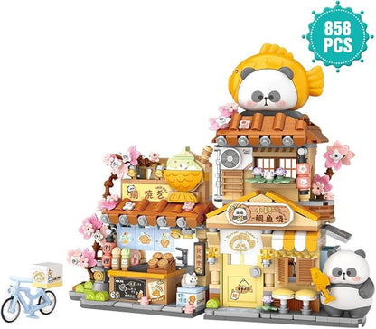 Panda Street Scene Building Kit, Openable Taiyaki Shop Building Set for Boys Girls Age 8+,858pcs Mini Bricks