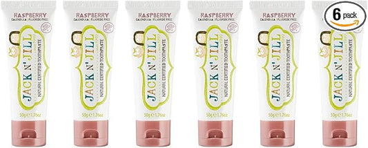 Jack N' Jill Natural Toddler Toothpaste for Baby, Kids and Infants 6 Months & Up, Fluoride Free Training Toothpaste for Toddlers 1-3 (1.76 Fl Oz (Pack of 6), Raspsberry)
