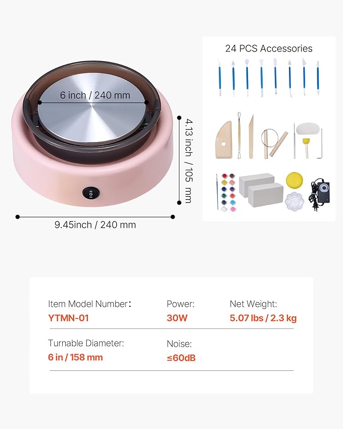 VEVOR Mini Pottery Wheel for Kids and Adults Beginners, 6" Turntables & Speed Adjustable, Complete Pottery Kit With Air Clay Art Supplies Sculpting Tools for Girls Birthday Christmas Craft Gifts, Pink