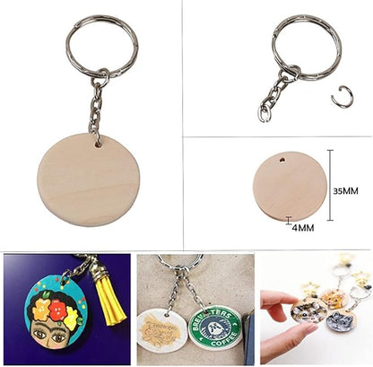 100Pcs Round Wood Circles with Keychain,Blank Round-Shaped Wooden Keychain Set with 100Pcs Wood Blanks,100Pcs Keychain Rings with Chain,100Pcs Open Jump Rings for DIY Crafts Decorations Ornaments