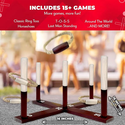 Swooc Games - Rustic Ring Toss Game (All Weather) - Easy Setup & Extra Games Included - Ring Toss Game for Adults - Outdoor Activities for Adults - Yard Toys for Kids - Backyard Fun - Outdoor Party