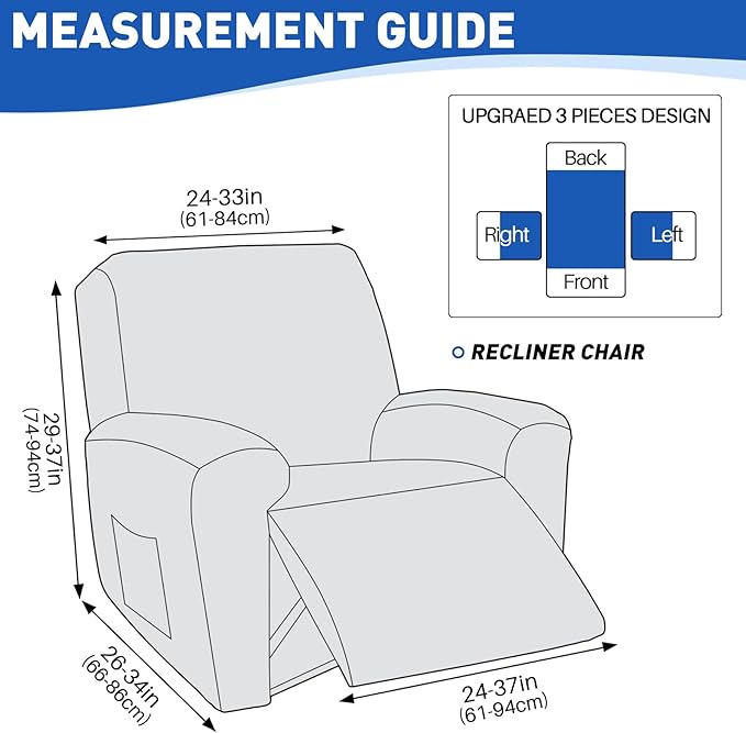 MAXIJIN Waterproof Recliner Chair Covers 3 Pieces Recliner Cover That Stay in Place, Washable Lazy Boy Recliner Slipcovers with Pockets Reclining Protector for Pet, Kids (Recliner, Light Coffee)