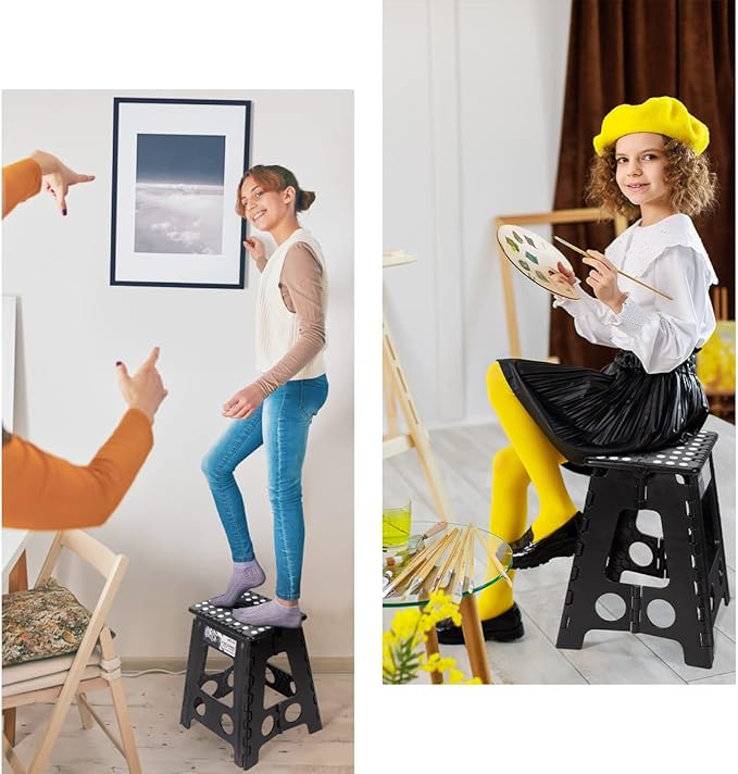 Delxo 16” Folding Step Stool in Black,1 Pack Premium Foldable Stool for Adults,Portable Collapsible Plastic Step Stool,Non Slip Folding Stools for Kitchen Bathroom Bedroom Up to 400LBS