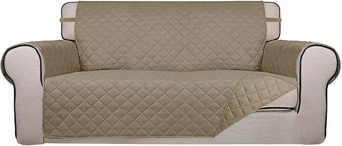 PureFit Reversible Quilted Sofa Cover, Water Resistant Slipcover Furniture Protector, Washable Couch Cover with Non Slip and Elastic Straps for Kids, Dogs, Pets (Oversized Loveseat, Beige/Beige)
