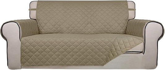 PureFit Reversible Quilted Sofa Cover, Water Resistant Slipcover Furniture Protector, Washable Couch Cover with Non Slip and Elastic Straps for Kids, Dogs, Pets (Oversized Loveseat, Beige/Beige)