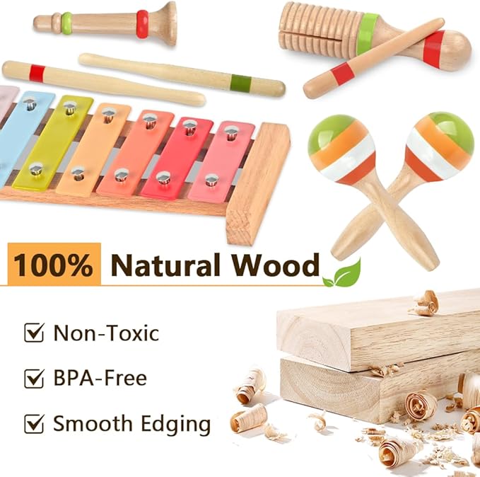 Baby Musical Instruments for Girls-Montessori Wooden Toys for Toddlers 1-3,Percussion Instruments Set with Xylophone Preschool Educational 3+ Christmas Birthday Gift for 1 2 3 Year Girl (Pink)